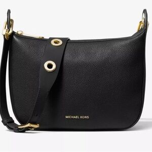 Michael Kors Barlow Medium Black Leather Gold Crossbody Messenger Bag $298